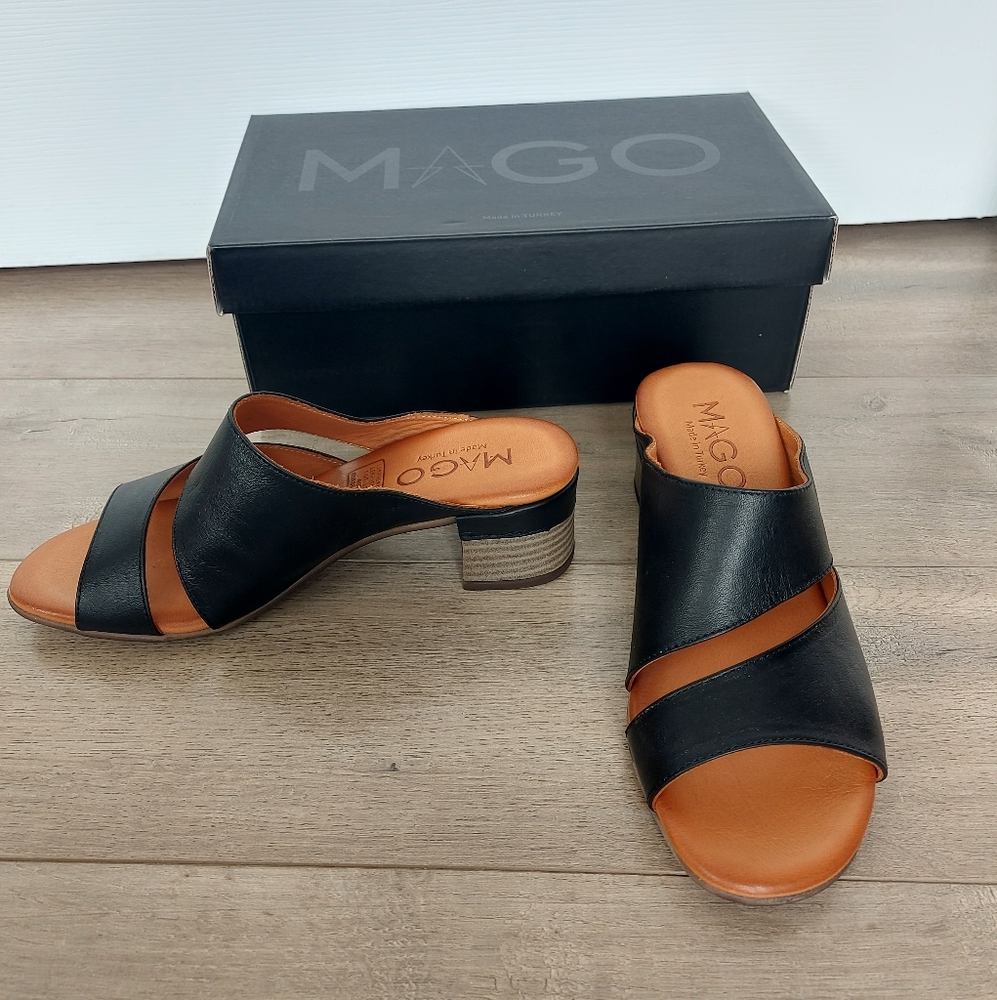 Black and Tan Leather Sandals with Block Heel